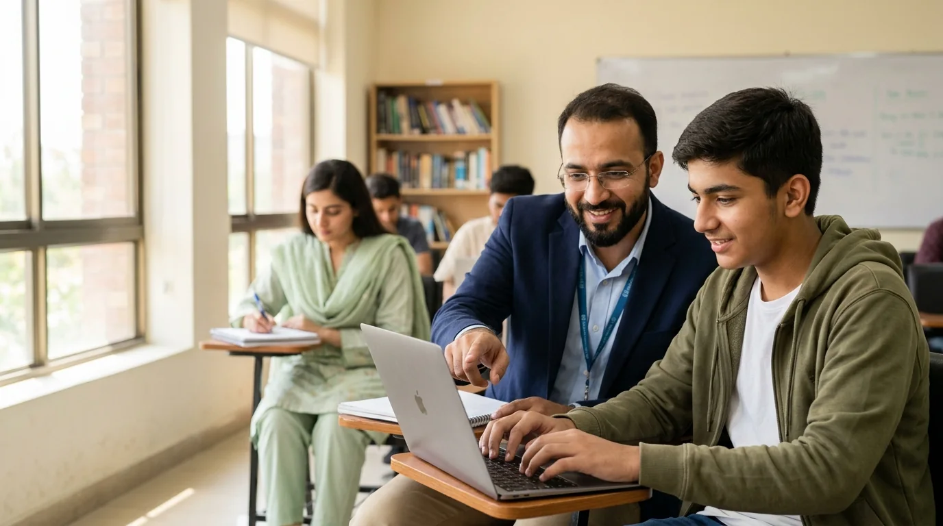 A faculty mentor guiding a student at a laptop in a University of South Asia classroom in Lahore